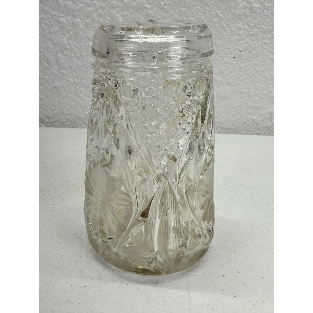 Antique McKee Innovation Glass Sugar Shaker Cork Bottom Floral Pressed Glass